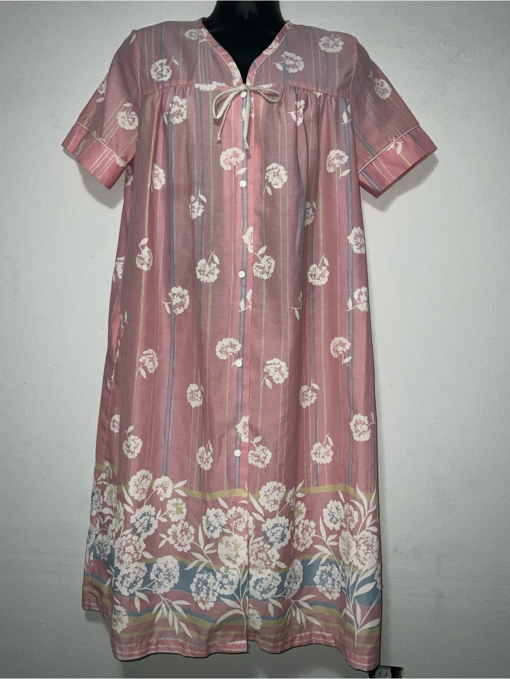 Vintage Katz Made in USA Pink Striped Floral House Dress Duster Lounger Maxi